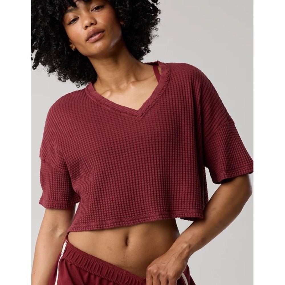 Aerie Waffle Knit Top Womens Medium Burgundy New With Tags